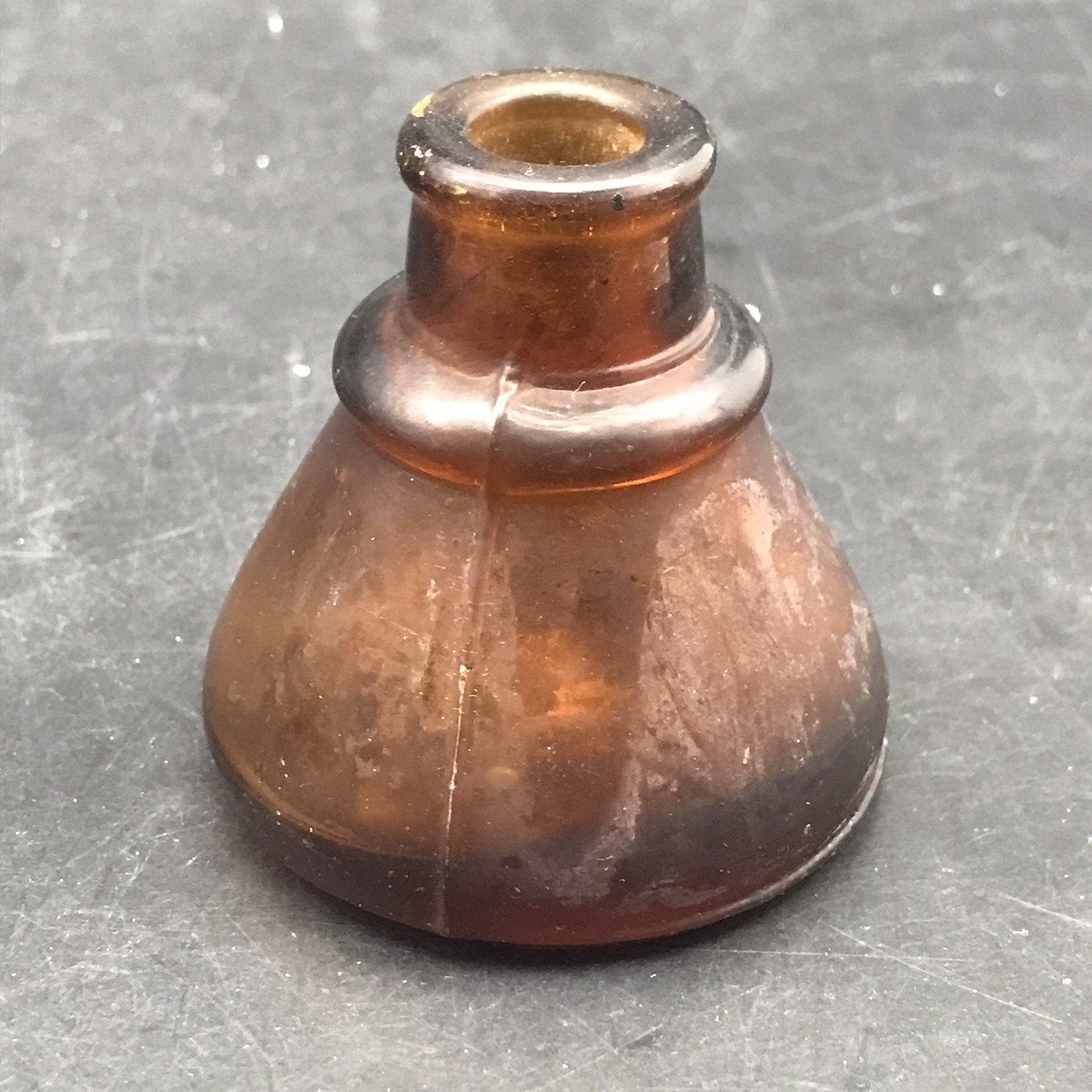 Antique Brown Cone Shaped Inkwell Pressed Glass Bottle 2 1/2" Tall