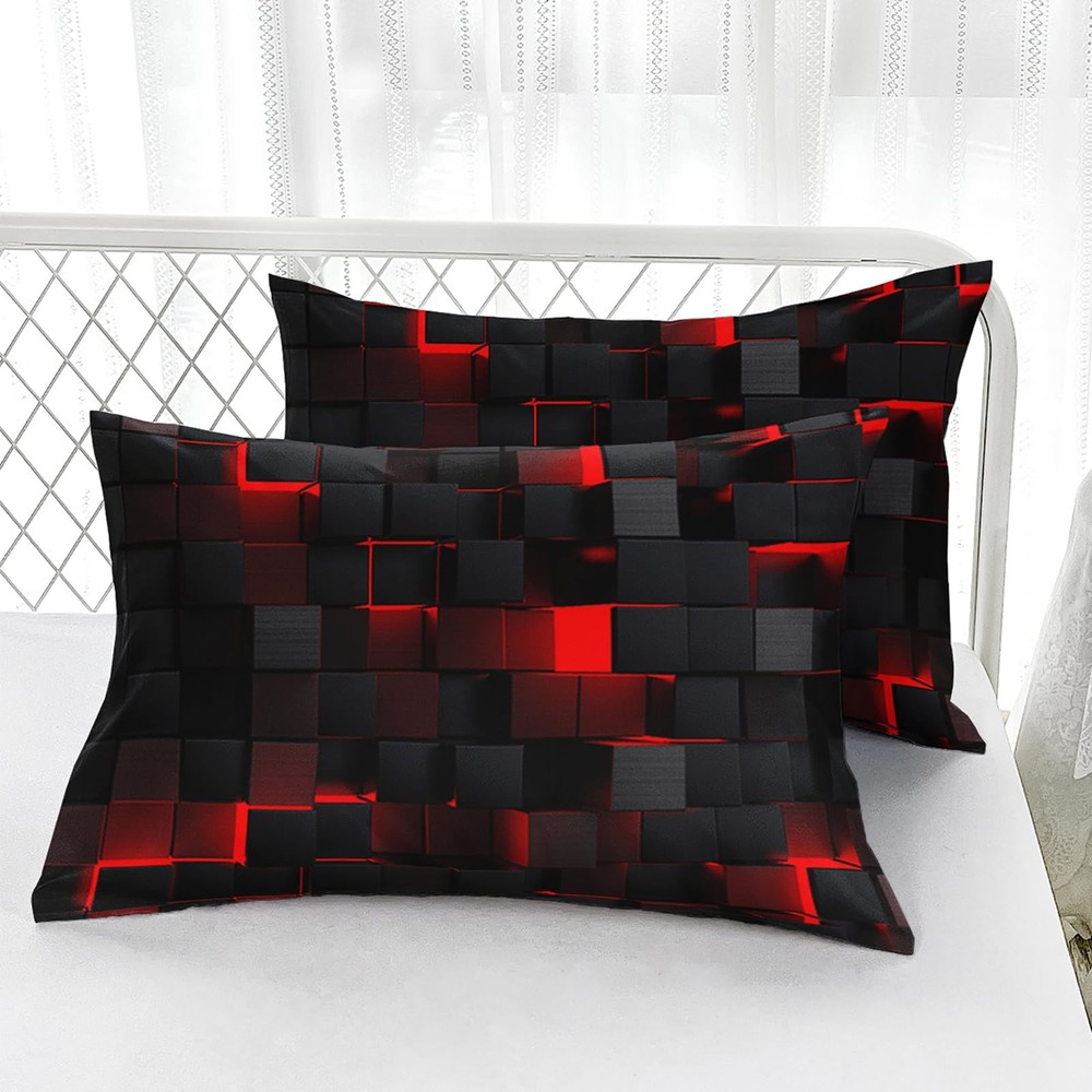 Soft Bedding Fitted Sheet Queen Size,Geometric Red Black Microfiber Fitted Sh...