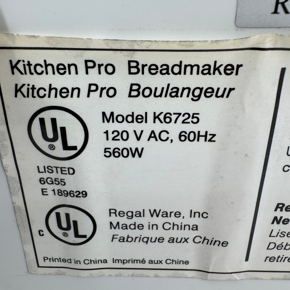 Regal Kitchen Pro Breadmaker Model K6725 White Bread Machine with Dough Setting