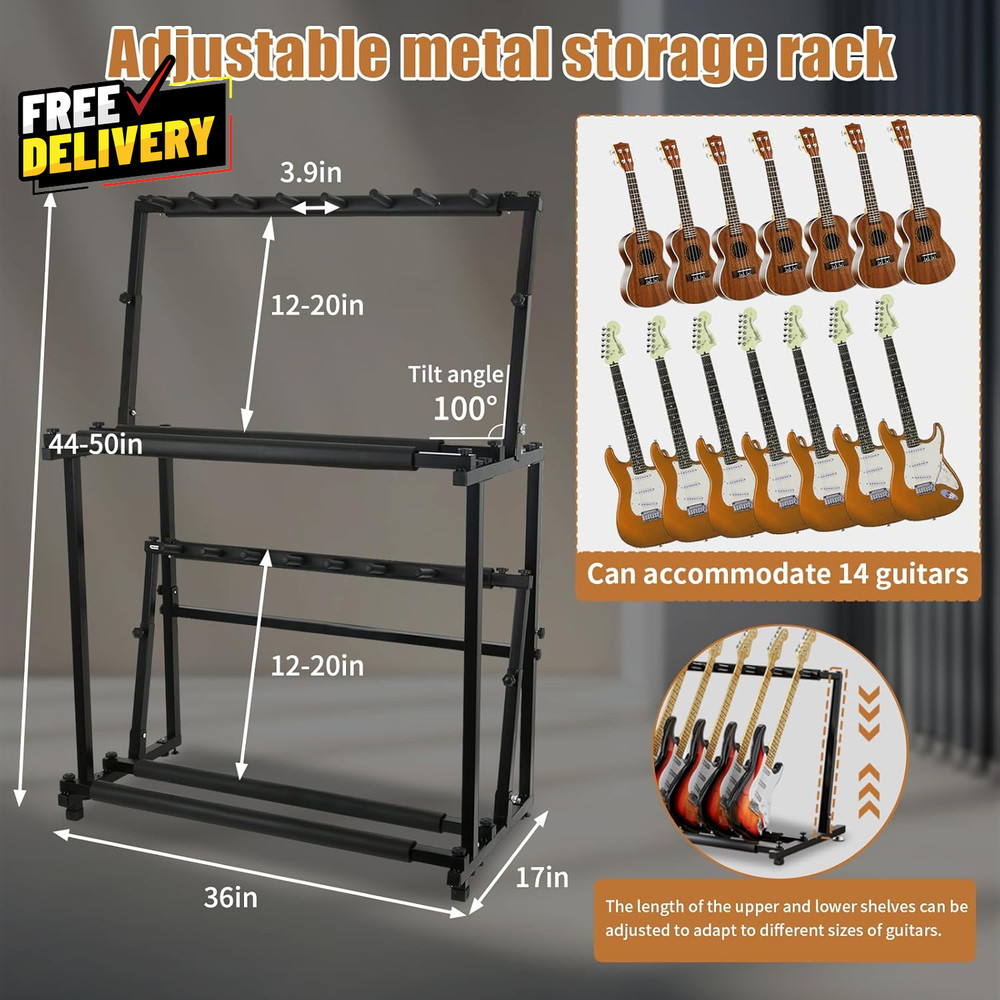 Multi Guitar Stand Folding 14 Standing Floor Multiple Guitars Display Rack Ad..