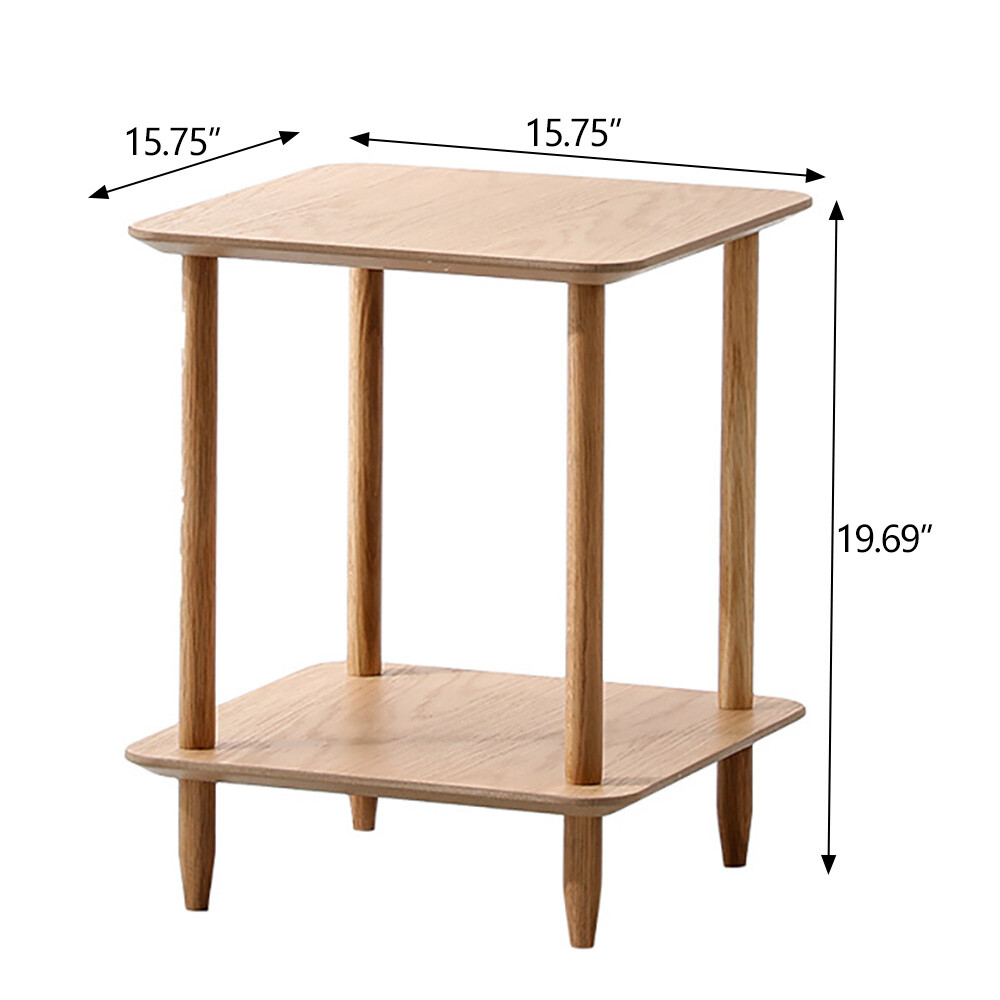 Solid Wood Side Table 2-Tier Small End Table w/ Storage Shelf Narrow Nightstand