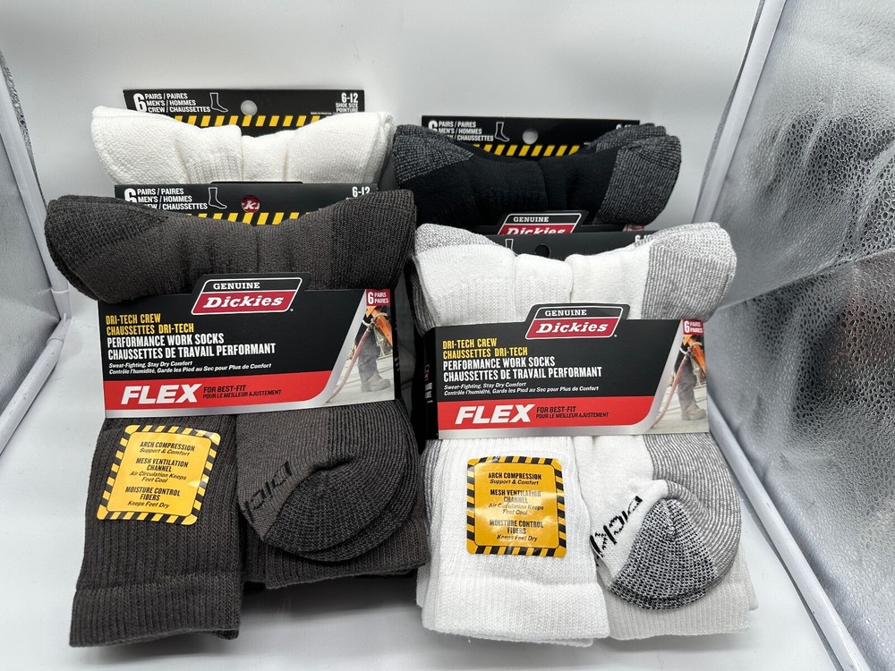 NEW 6 PAIR PACK DRI-TECH CREW GENUINE DICKIES MENS FLEX PERFORMANCE WORK SOCKS