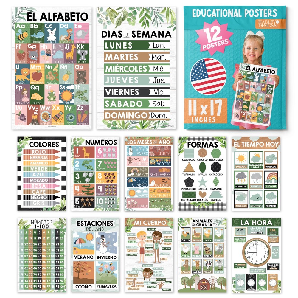 Hadley Designs 12 Spanish Classroom Posters - Laminated 11x17" Educational Chart