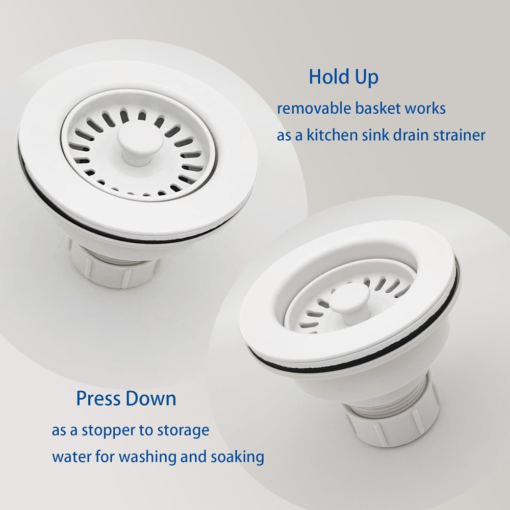 White Kitchen Sink Drain Assembly, 3-1/2 inch Polymer Kitchen Drain Strainer Kit