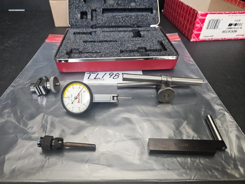 STARRETT #708-A DIAL TEST INDICATOR W/ATTACHMENTS, DOVE TAIL MOUNT, WHITE