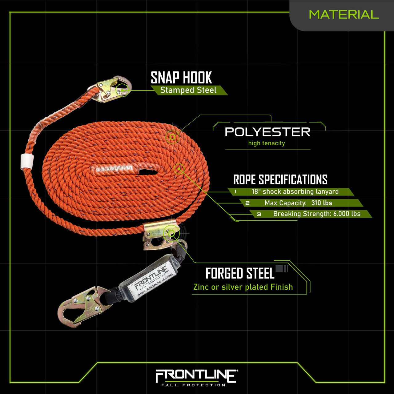 Frontline Premium Vertical Lifeline with Openable Rope Grab & Shock Pack