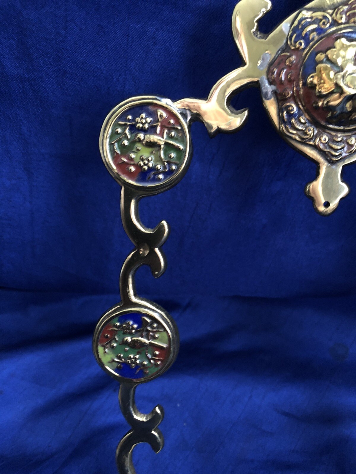 Vintage Antique Chinese Cloisonné Brass Gong Temple Bell Frame (No Bell) Symbols