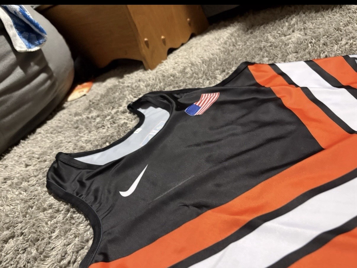 Oklahoma state, Nike USA Wrestling Singlet Black Blue Orange Stripes Flag USA
