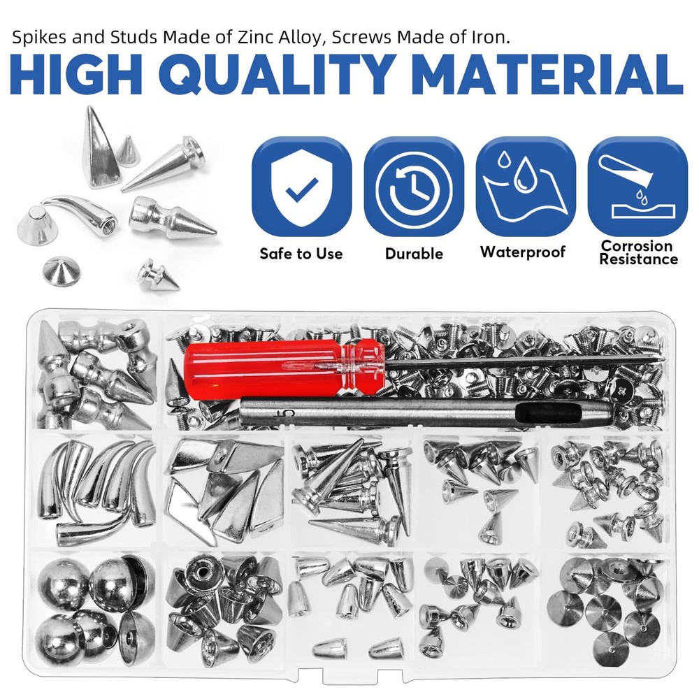 Glarks 98Pcs Silver Mixed Shape Spikes Studs Rivets Kit with Install Tools, Scre