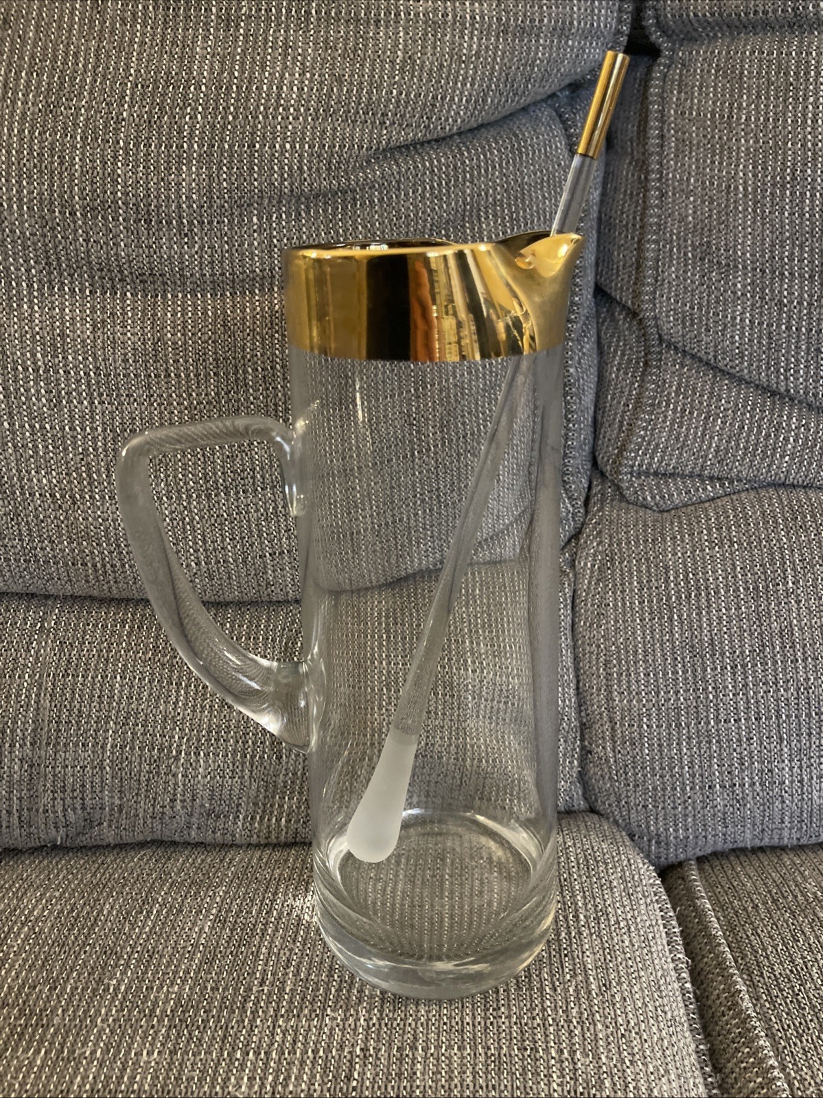 Golden by Avitra Glass Cocktail Pitcher Stir Stick Gold Rim Barware Vintage