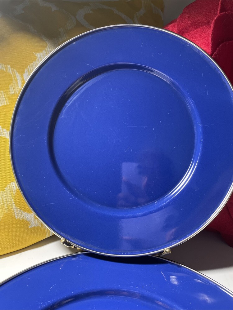 blue enamelware Plates With Silver Trim