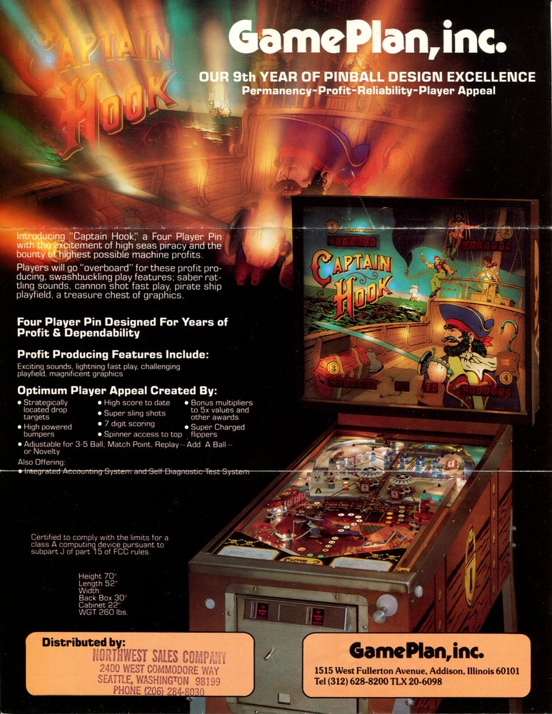 Captain Hook Game Plan Pinball Flyer / Brochure / Ad