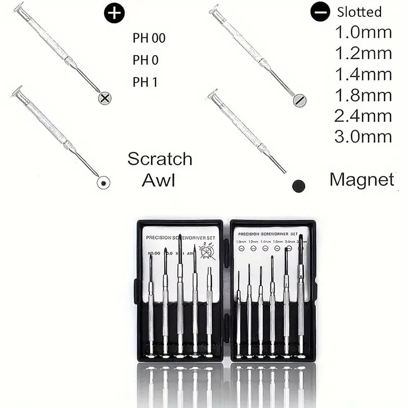 11pc Small Precision Screwdriver Set Mini 6 Sizes Flat Philips for Watch Glasses