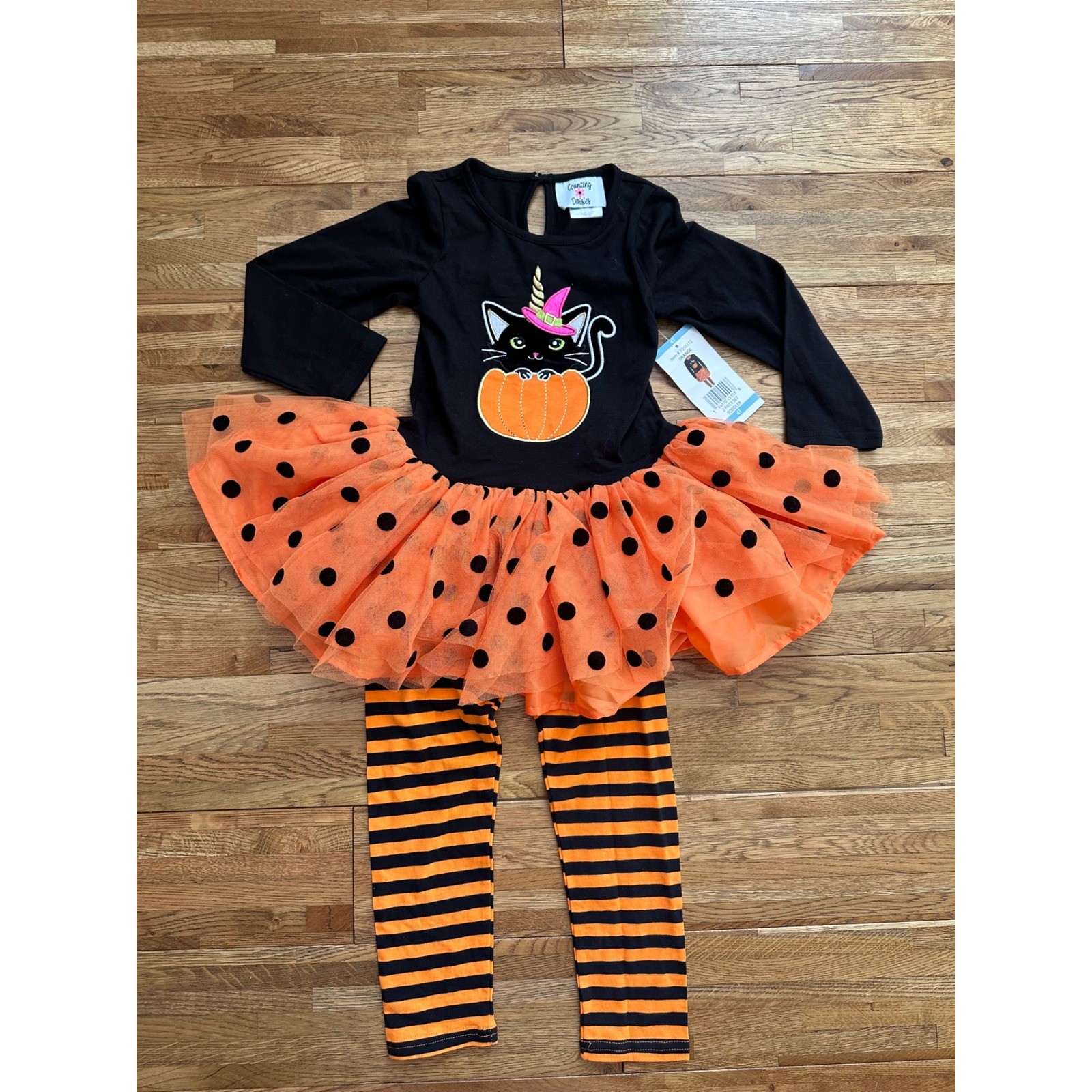Counting Daisies Halloween Outfit 4T Black Cat Pumpkin Tutu Leggings Set