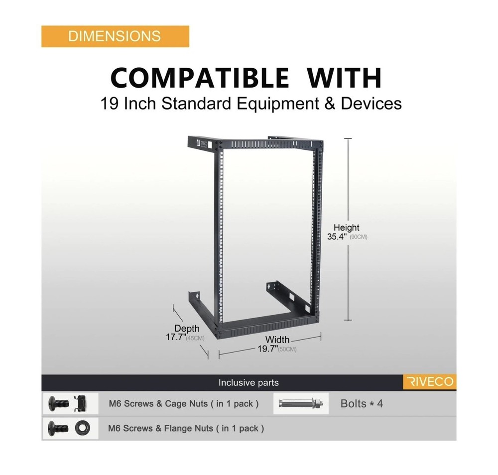RIVECO 18U 19” Wall Mount Server Rack 17.7” Depth Open Frame Network AV Rack