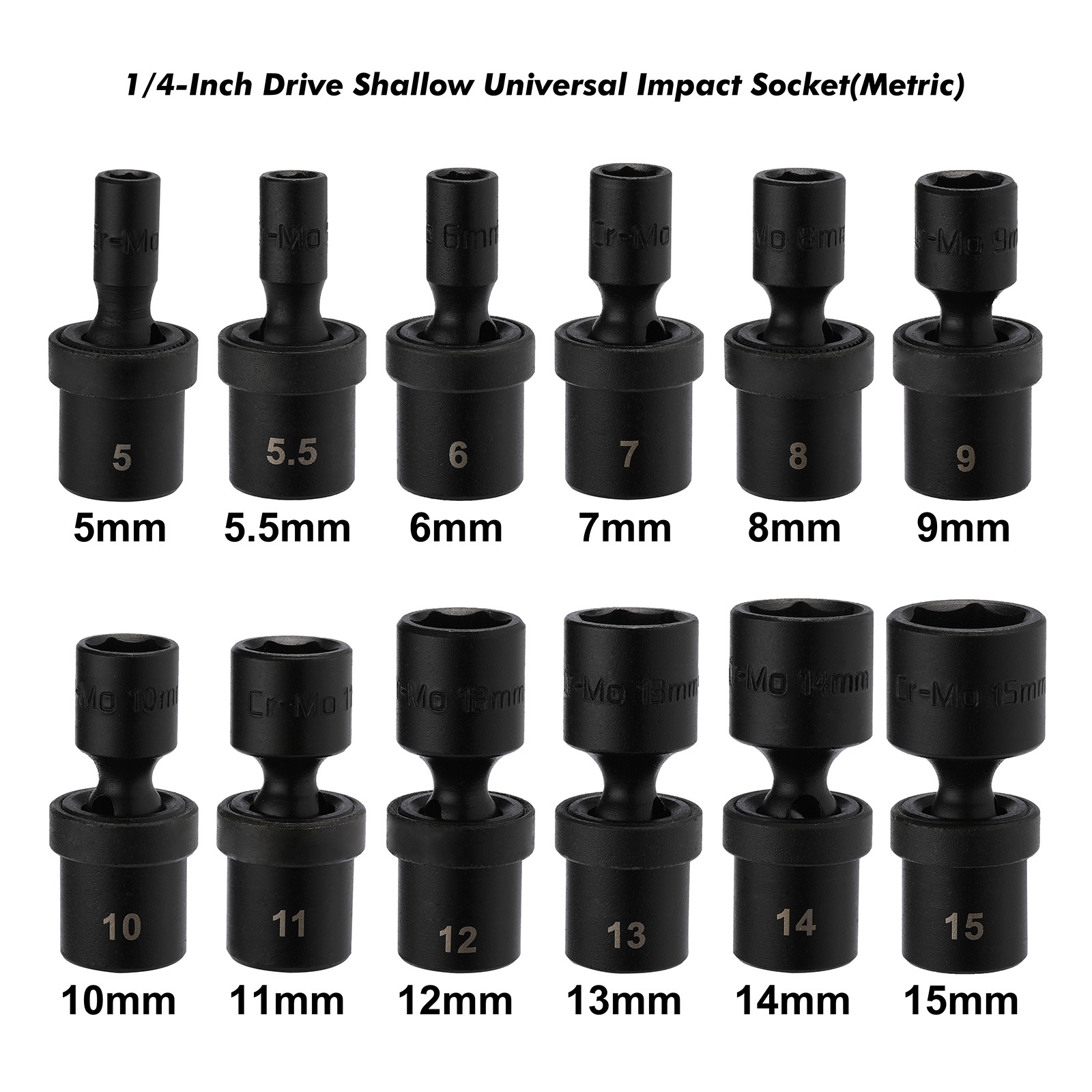 12pcs 1/4-Inch Impact Socket Set Metric 5mm to 15mm 6-Point Cr-Mo Swivel Socket