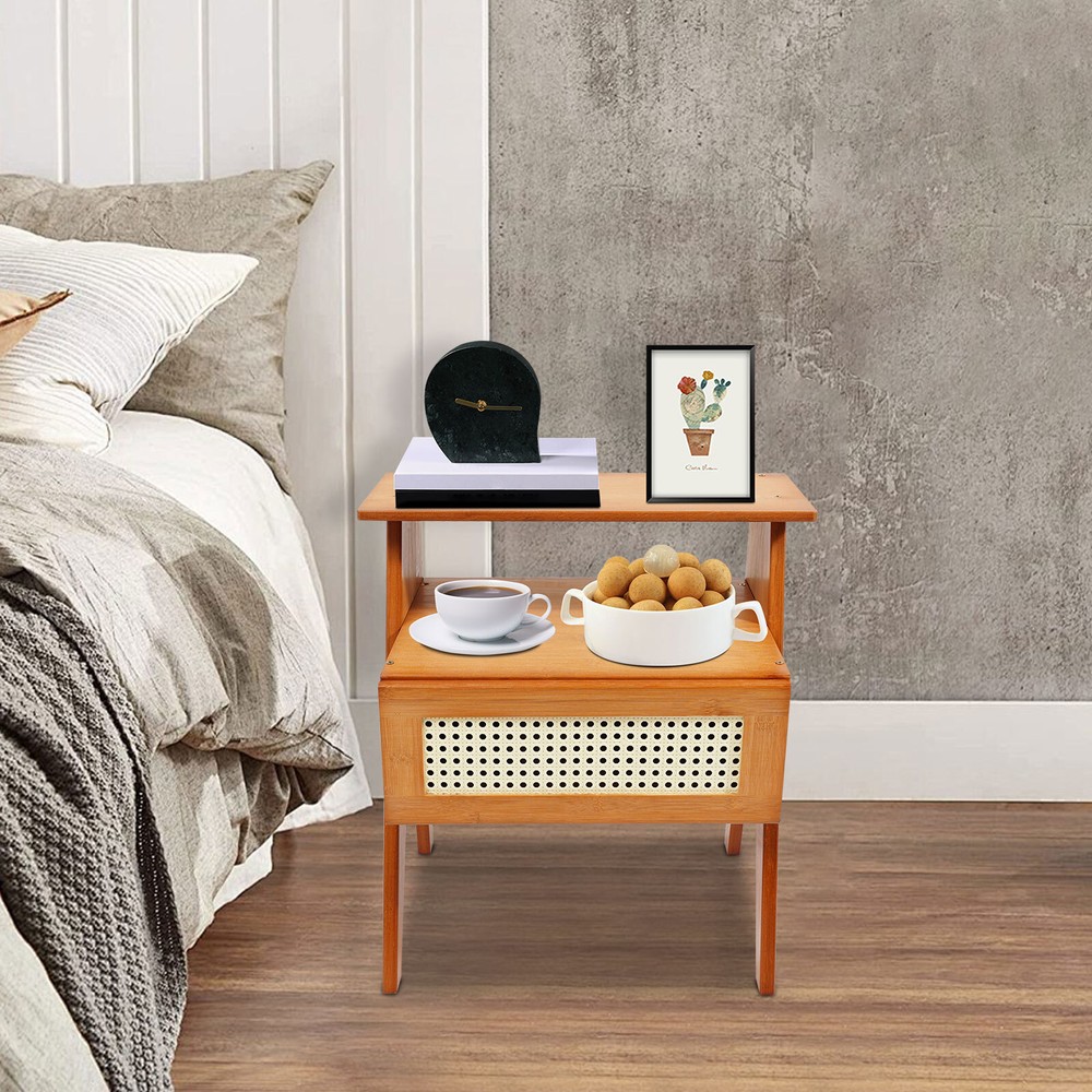 Bamboo Bedside Table, Trapezoidal Sofa Side Table, Bedside Table with Drawer