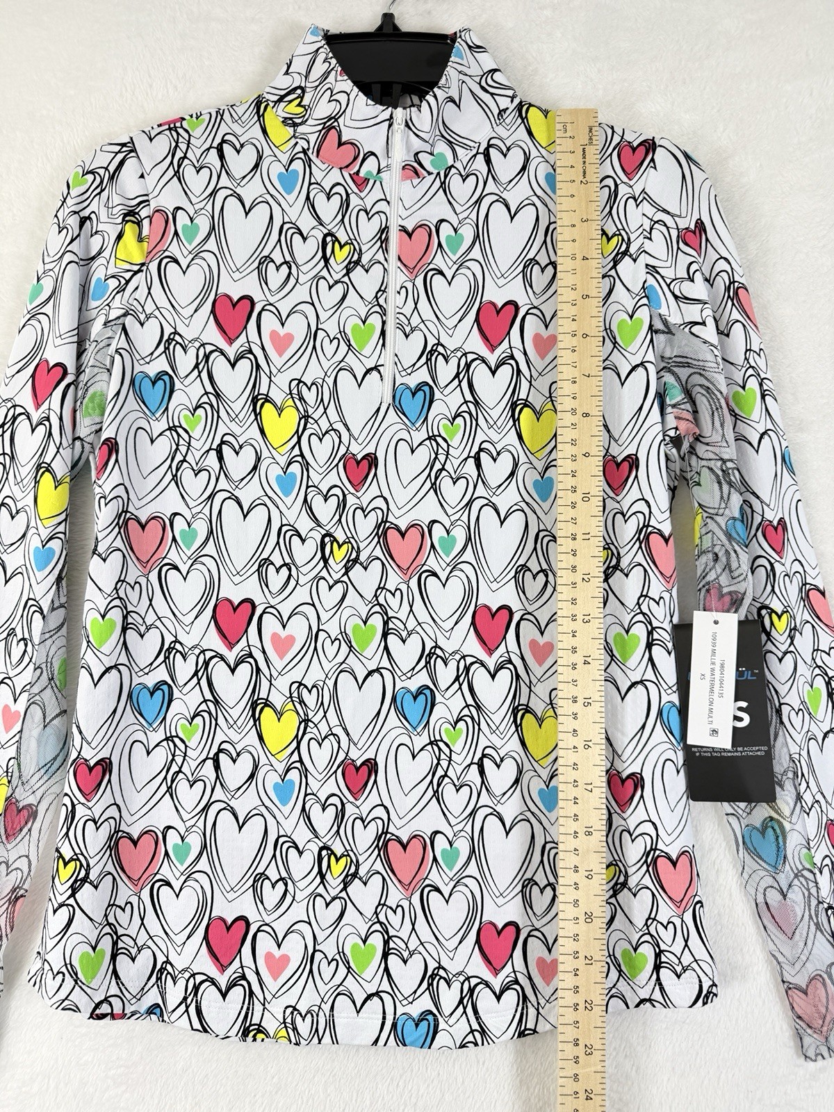 IBKUL Womens Long Sleeve Top XS 1/4 Zip Mock Neck Millie Hearts White Pink Golf