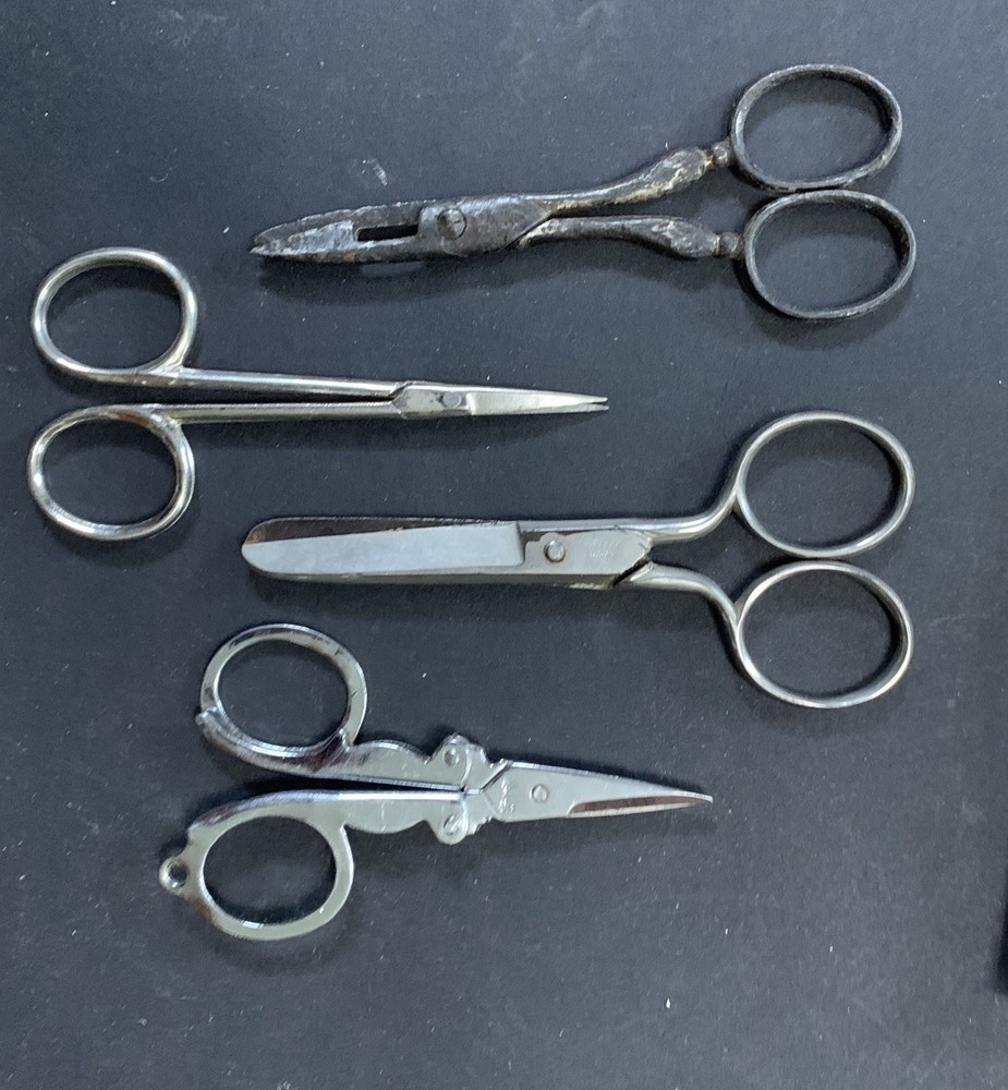 Antique Pair Sewing Scissors Lot Pinking Shears Button Hole Primitive Folding
