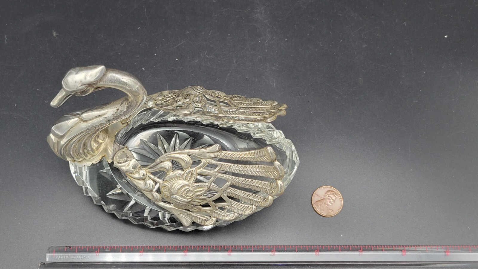 Vintage Sterling Silver & Crystal Swan Master Salt Cellar / Caviar Bowl, 5 1/4"