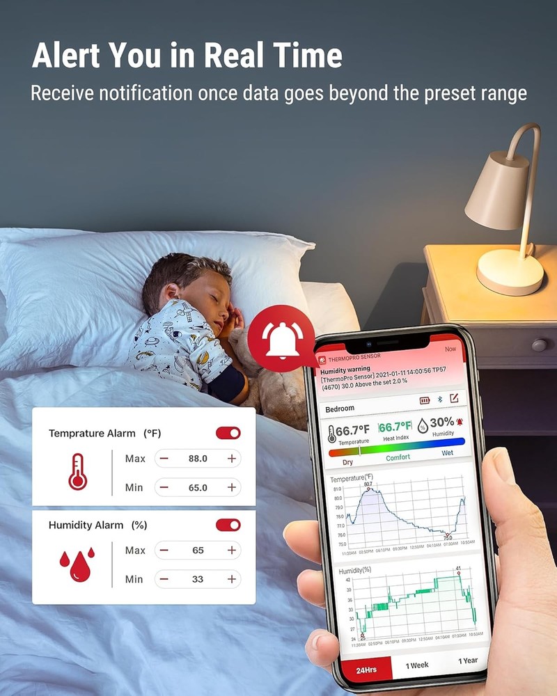 ThermoPro TP357 Digital Hygrometer Bluetooth Thermometer, Classical Silver