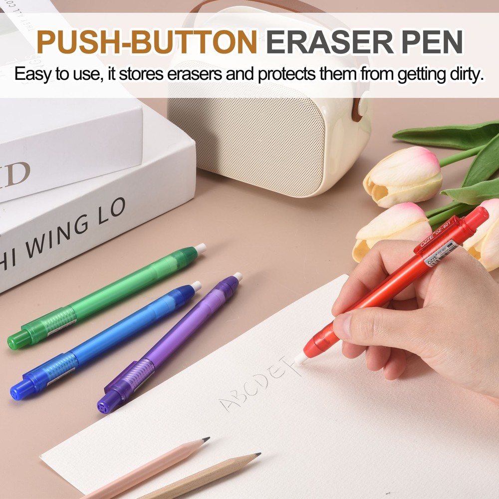4+4Pcs Retractable Eraser Pen, with 4Replacement Rubber Refill, Blue TPE