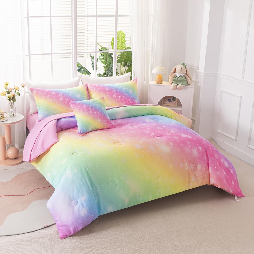 6 PCS Twin Size Comforter Set Gradient Rainbow Glitter Bedding Sheet Decor