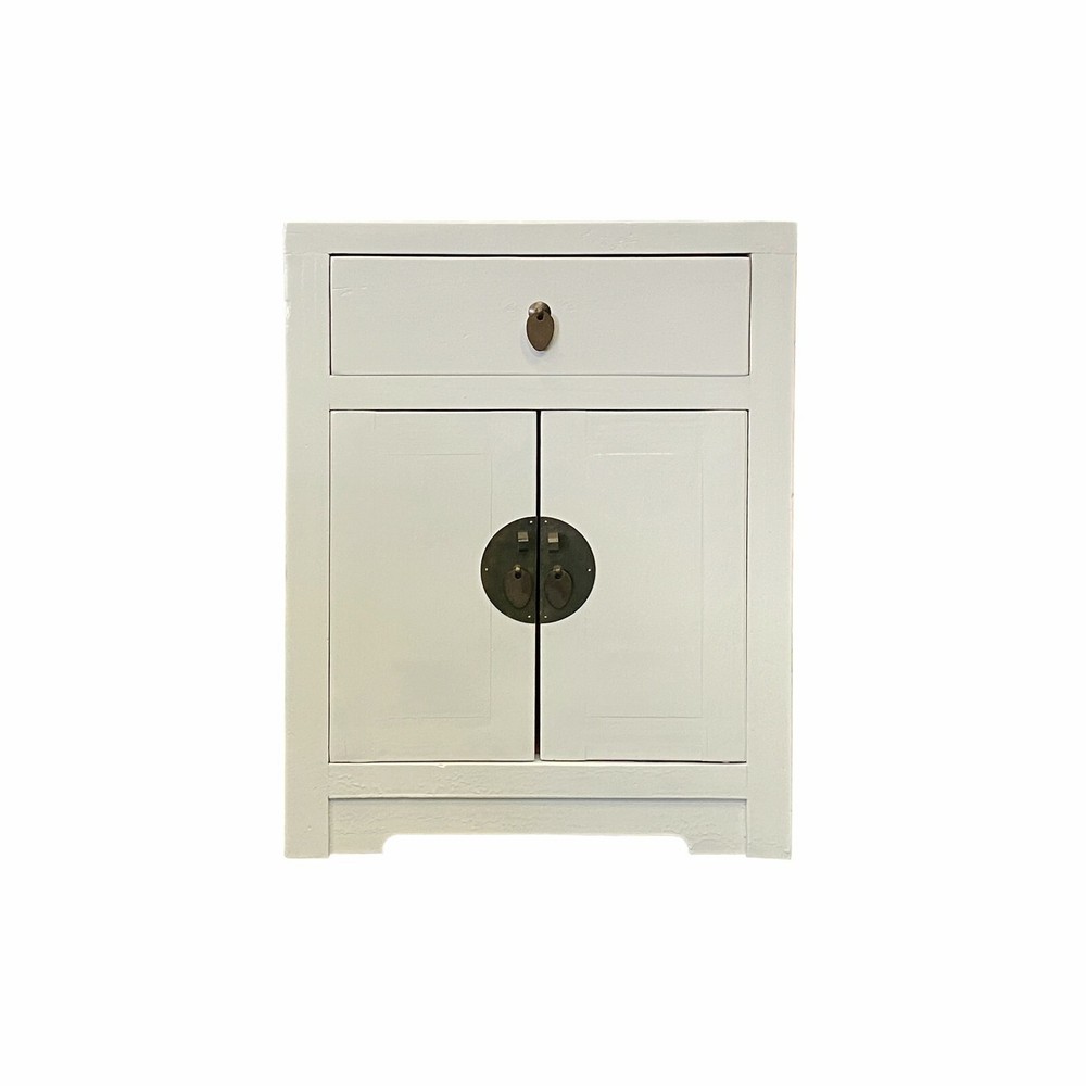 Distressed White Lacquer MoonFace End Table Nightstand Cabinet cs7039