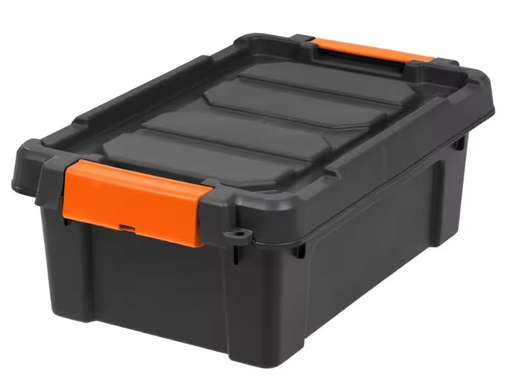 Heavy Duty Storage Tote Stackable Latching Lid Plastic Bin Black, Multiple Sizes