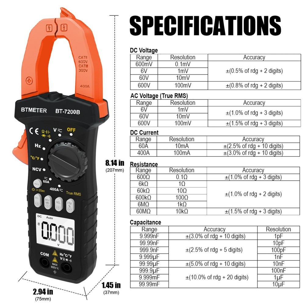 BTMETER Digital Clamp Meter TRMS Multimeter AC DC Volt Amp Ohm NCV Data Logging