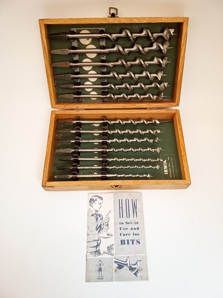 Vintage Irwin drill brace bits never used + paperwork & case