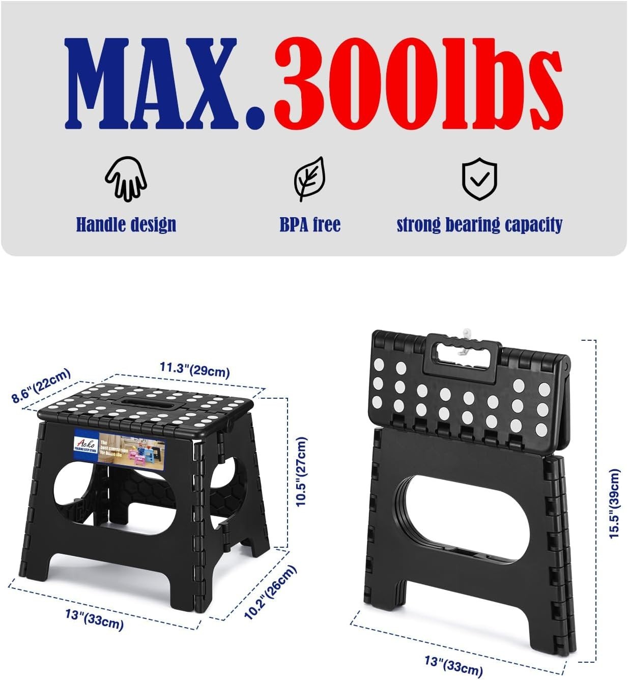 Folding Step Stool Plastic Foldable Stools Upgraded Lock Version 11" 16" 17.5"