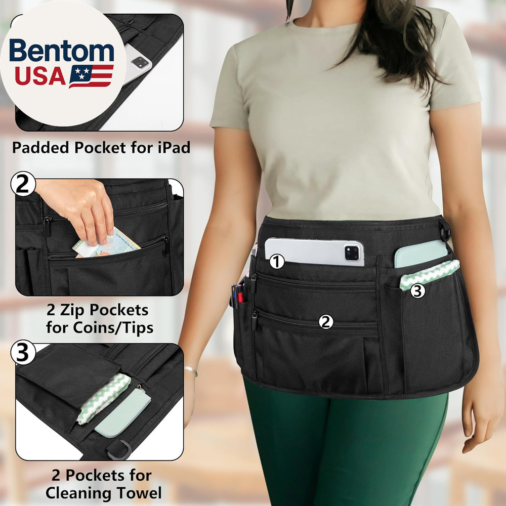 Waitress Server Apron with Multiple Pockets, Half Apron with Adjustable Belt for