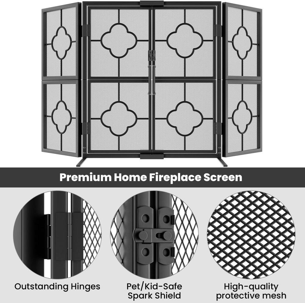 Adjustable 3-Panel Wrought Iron Fireplace Screen - Decorative Fire Guard 48"
