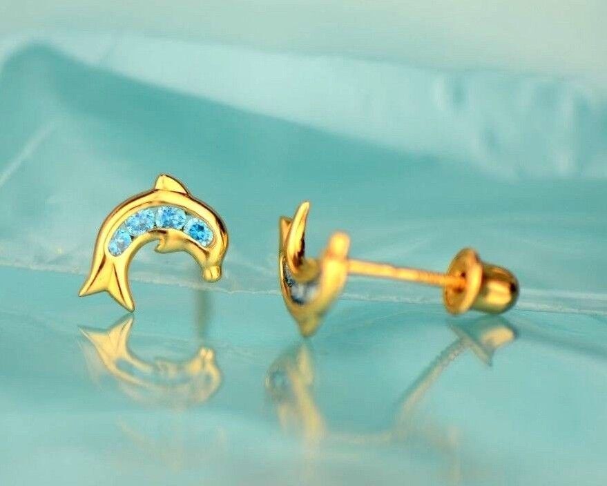 14k Yellow Gold CZ Dolphin Stud Earring