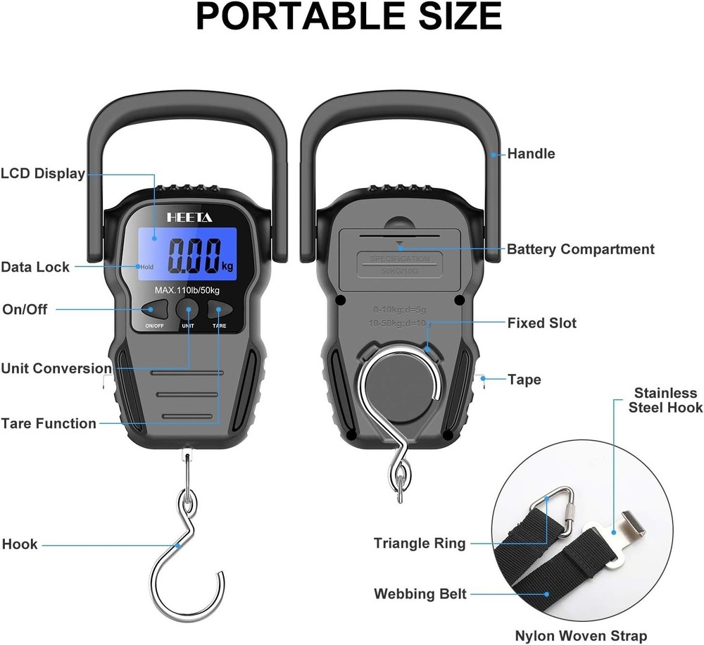 Compact Hanging Fish Scale with LCD Display, Tare Function & 2 AAA Batteries
