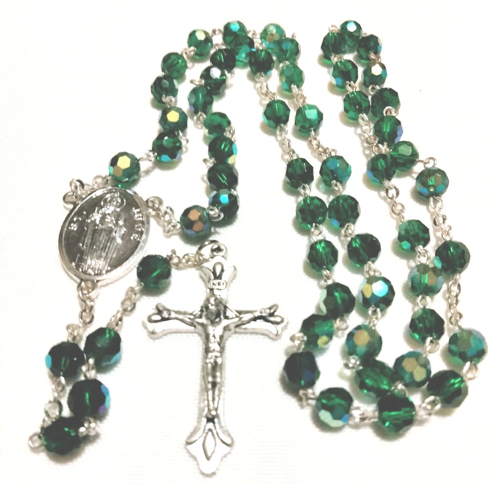 Saint Jude Green Aurora Borealis Bead Rosary ITALY