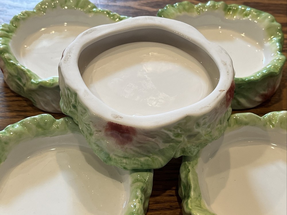 6 Vintage Cabbage Leaf Painted Ceramic Coasters 3” Inside Diameter