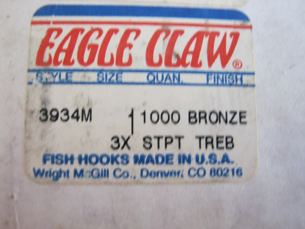 100 Eagle Claw 3934M Treble Hooks # 1 straight point 3X Bronze replacement hook