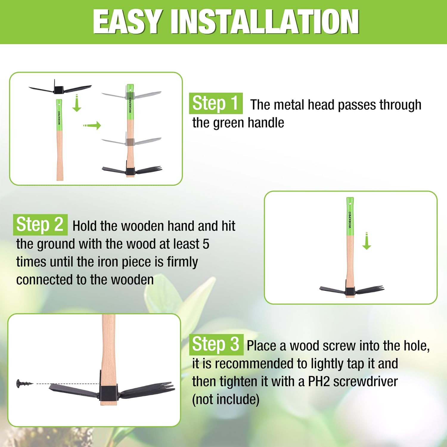 Hoe and Cultivator Garden Rake with 14" Wooden Handle, Sharp Hoe Blade & Sturdy