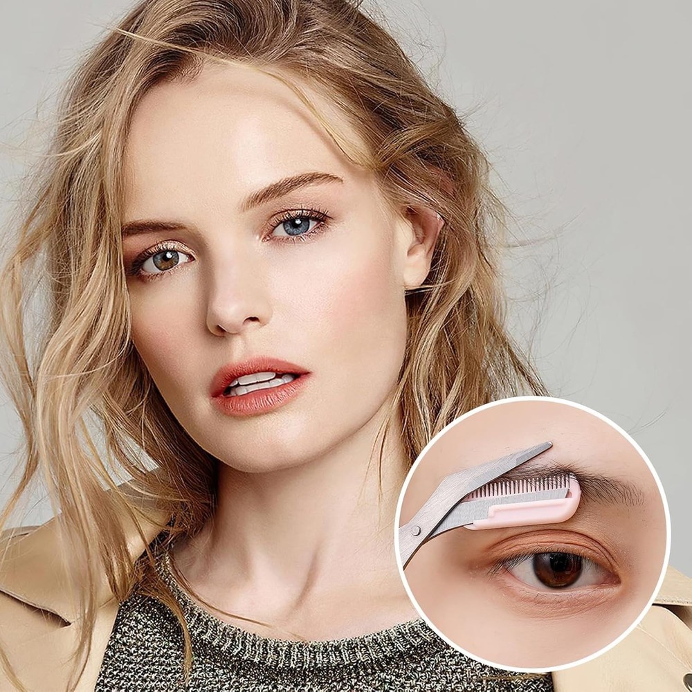 Ergonomic Pink Eyebrow Scissors with Comb - Precise Trimming Tool for All