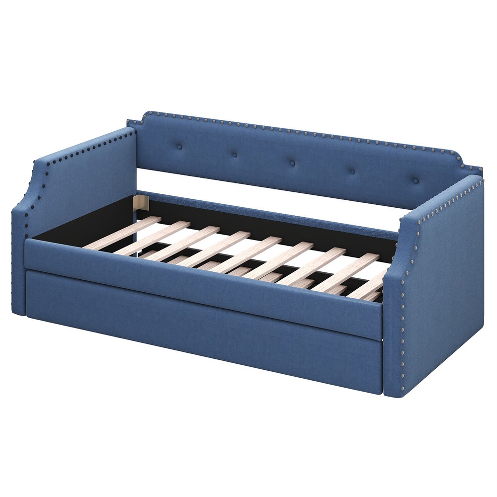 Twin Size Daybed w/ Pull Out Trundle Bed Upholstered Bed Frame Sofa Bed Blue