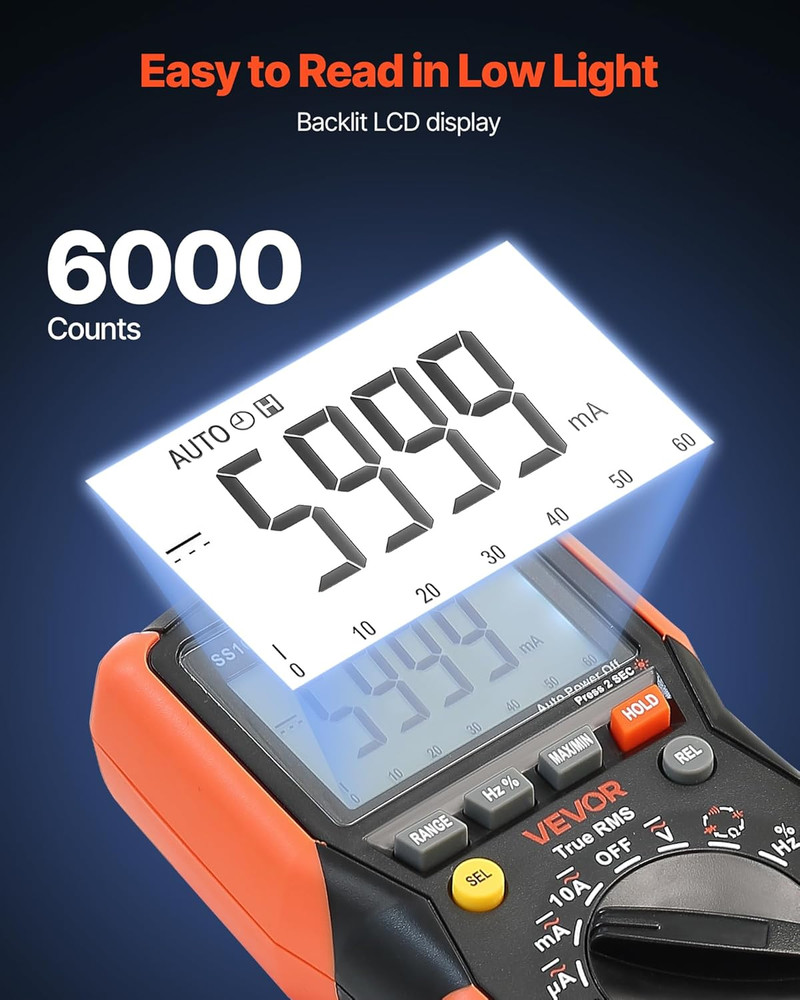 Digital Multimeter, 6000-Count TRMS DC/AC Voltmeter Current Tester, Auto-Ranging