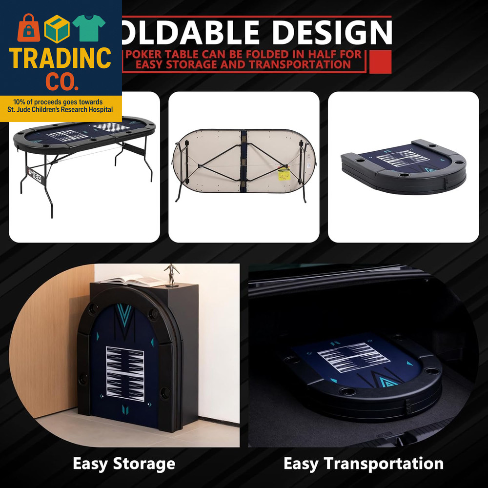 4-In-1 Poker Table Foldable, 8 Player Folding Poker Table W/Interchangeable Texa