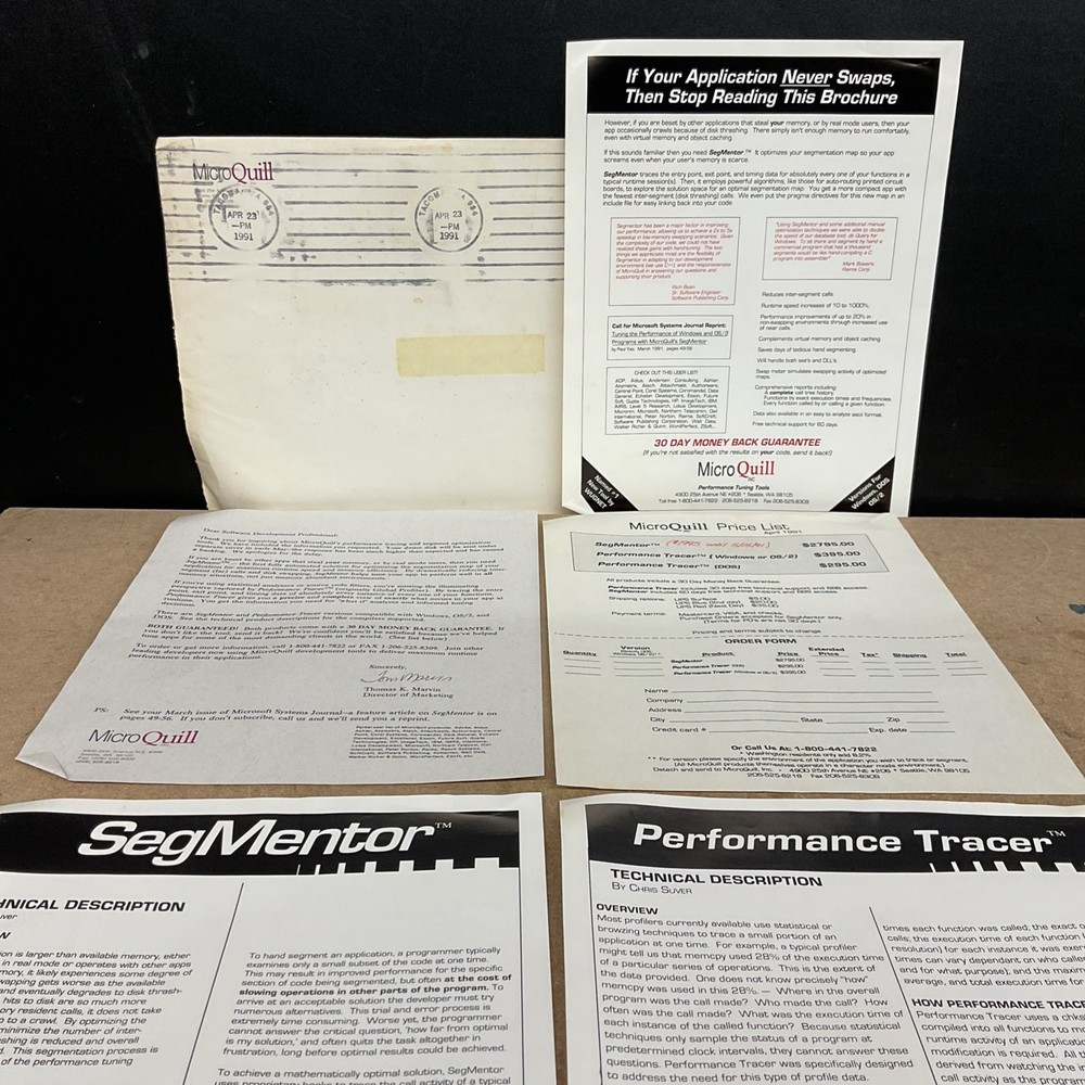 MicroQuill SegMentor Performance Tracer Price List Vintage Computing - No Disks