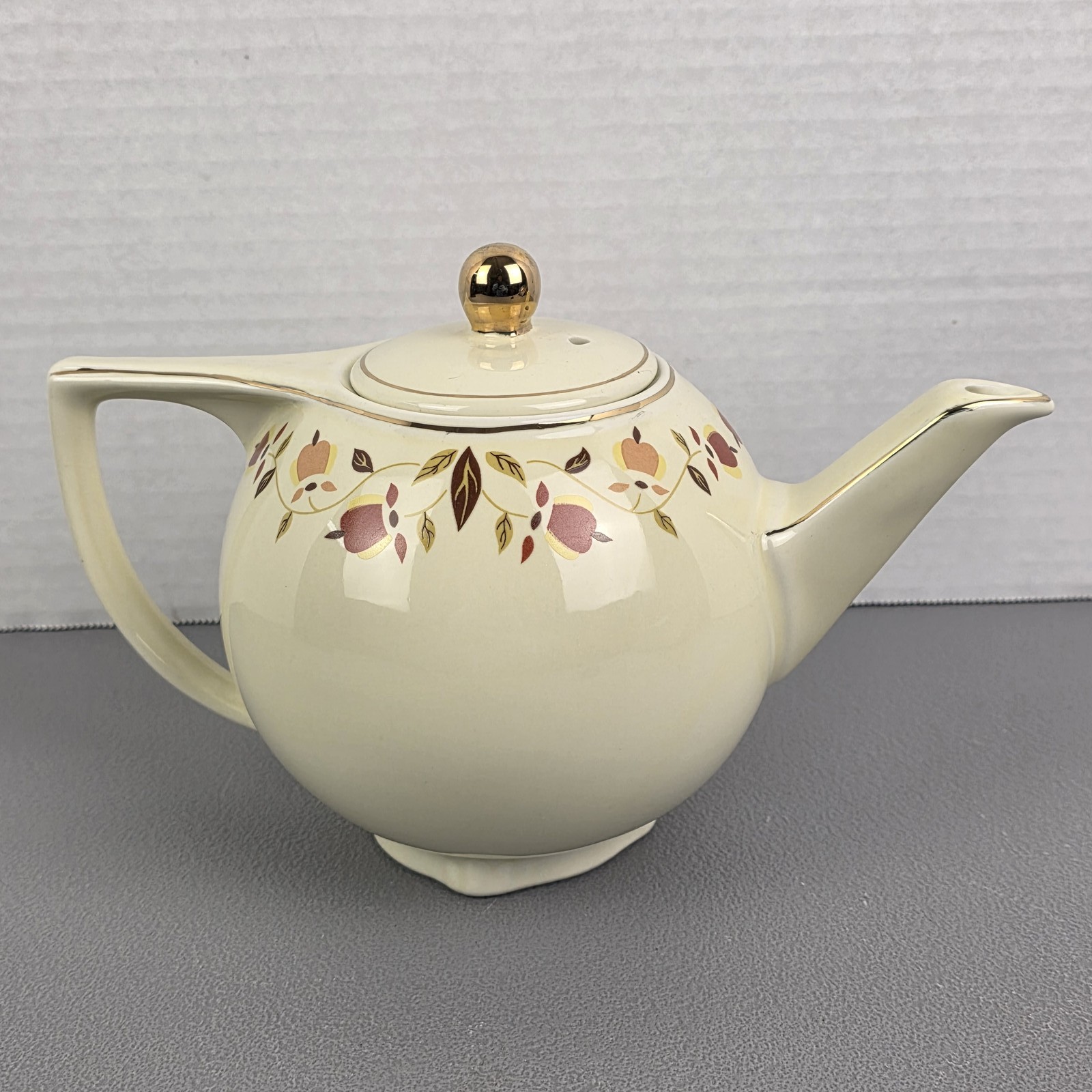 Vintage Cream Teapot with Gold Trim & Floral Pattern, Mid-Century Style