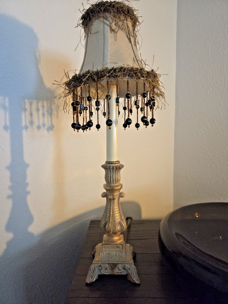 Vintage Gold Table Lamp – 16" Neoclassical Base w/ Beaded Shade & Scroll Switch