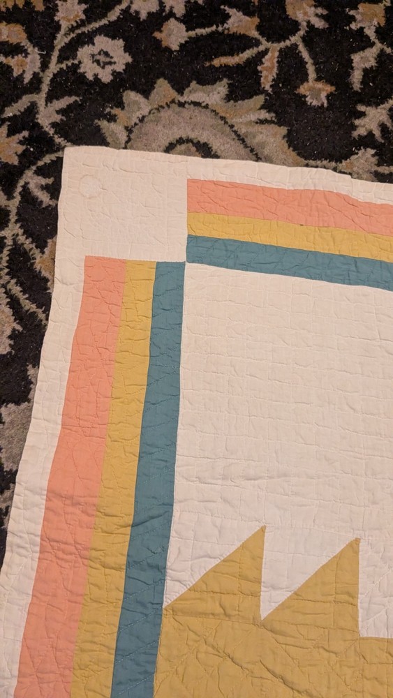 Antique Old Hand Stitched Multicolor Textile Maple Leaf Quilt 72"