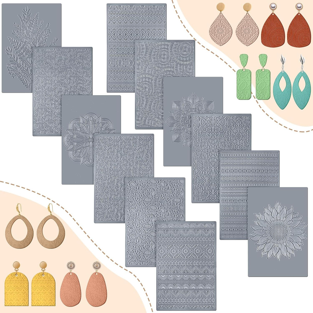 12 Pcs Polymer Clay Texture Sheets Mat Works with Cutter gray