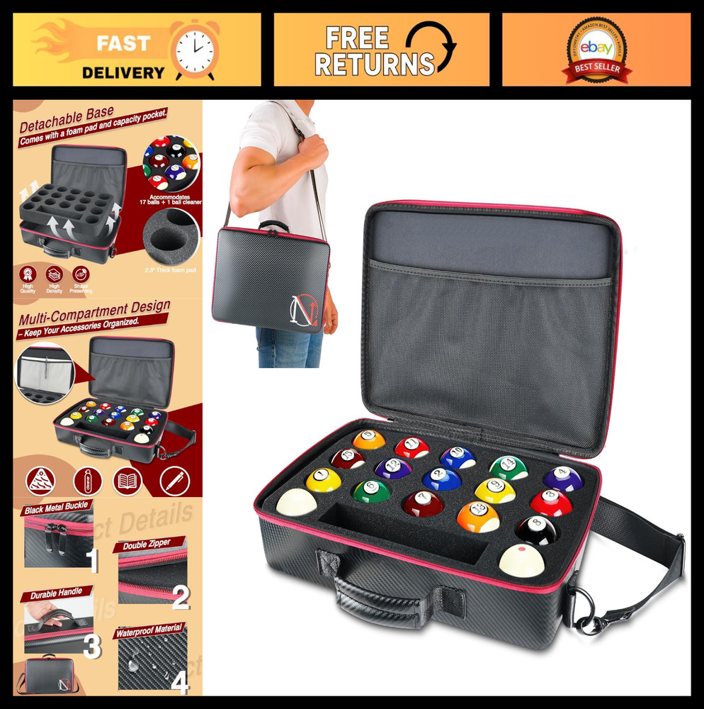 Padded Pool Ball Case with Handle & Shoulder Strap - Billiard Accessories Bag fo